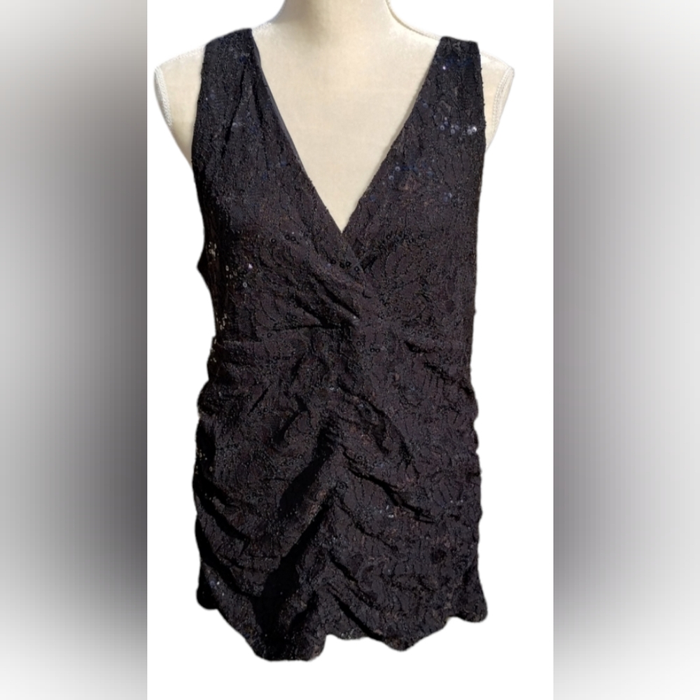 Torrid Woman's Black Sequin V Neck Tank top Side Zip Ruched Sides